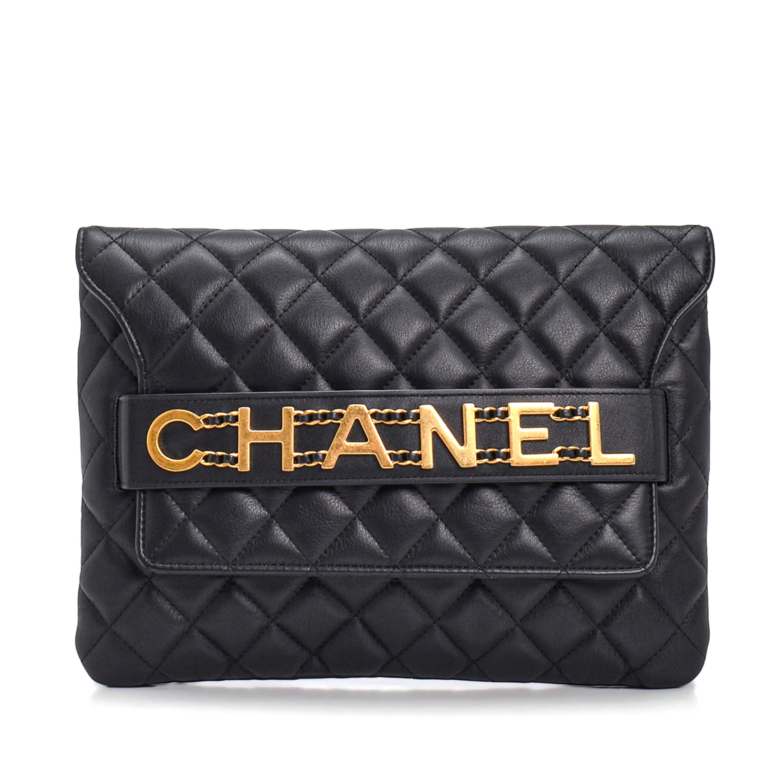 Chanel - Black Chain Logo Quilted Lambskin Leather Ctuch